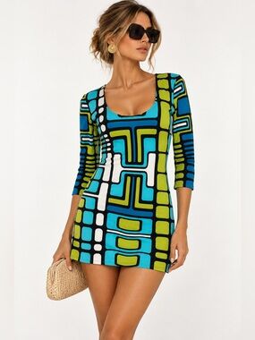 VINTAGE 90's Y2K EVOVORRO Geometric Scoop Neck Mini Dress in Teal & Lime